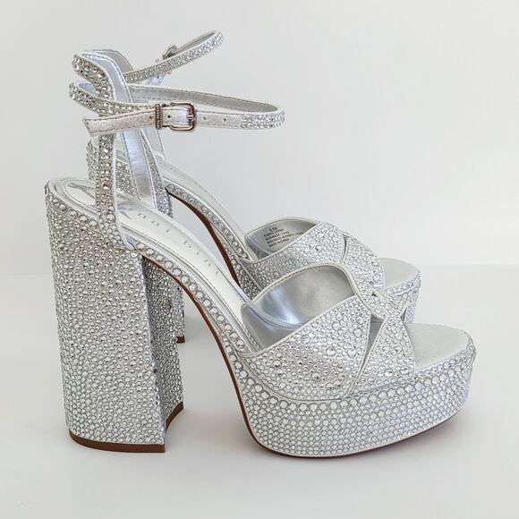 Gianni Bini Chrome Rhinestone Sparkly Silver Sandals Platform Heels Size 9.5 - Picture 1 of 10